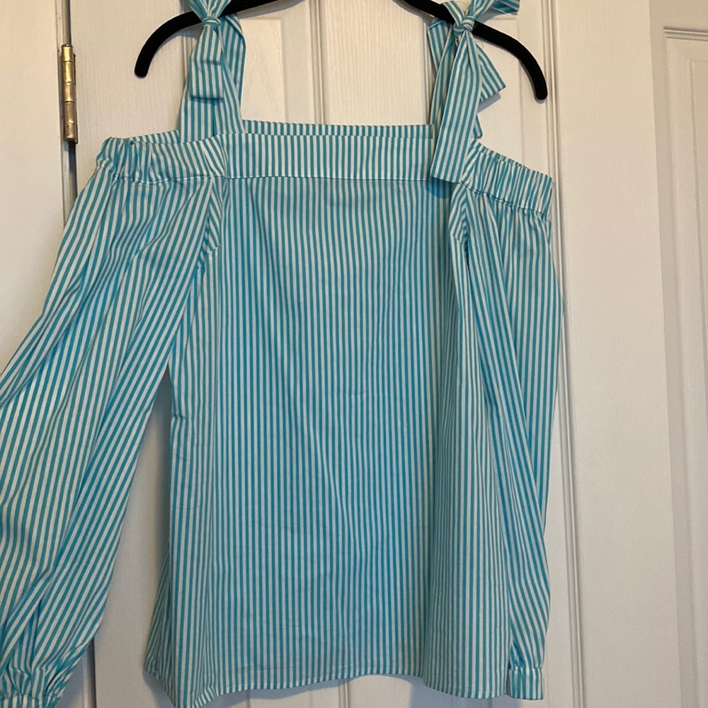 Michael Kors Aqua / White Striped, Peep Shoulder Blouse